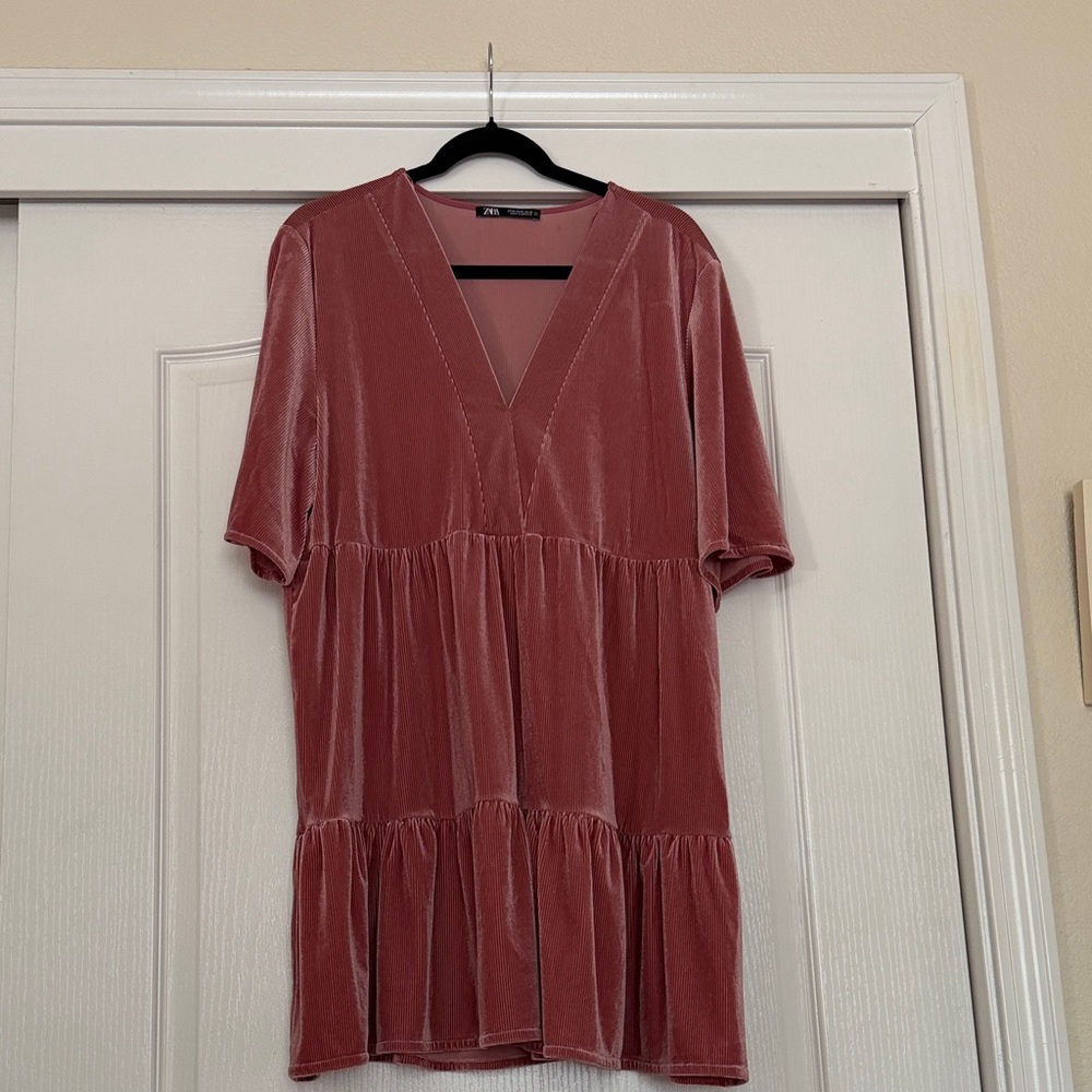 Zara Dusty Rose Velvet Tiered V-Neck Tunic/dress XL
